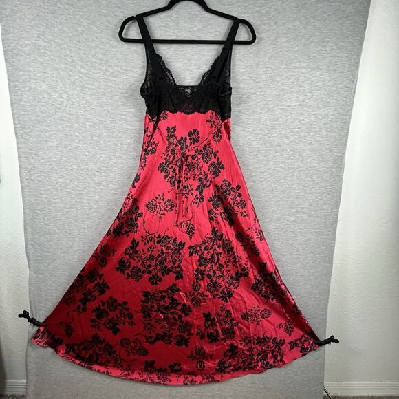 In Bloom by Jonquil RED/BLACK FLORAL Chemise VELVET Trim Lace Size Small S - Picture 6 of 11